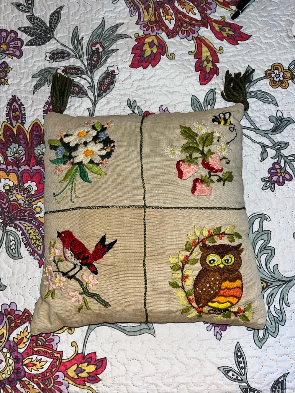 Vintage MCM Cottagecore Pillow Owl Floral Birds & Bees Fairy UNIQUE Accents